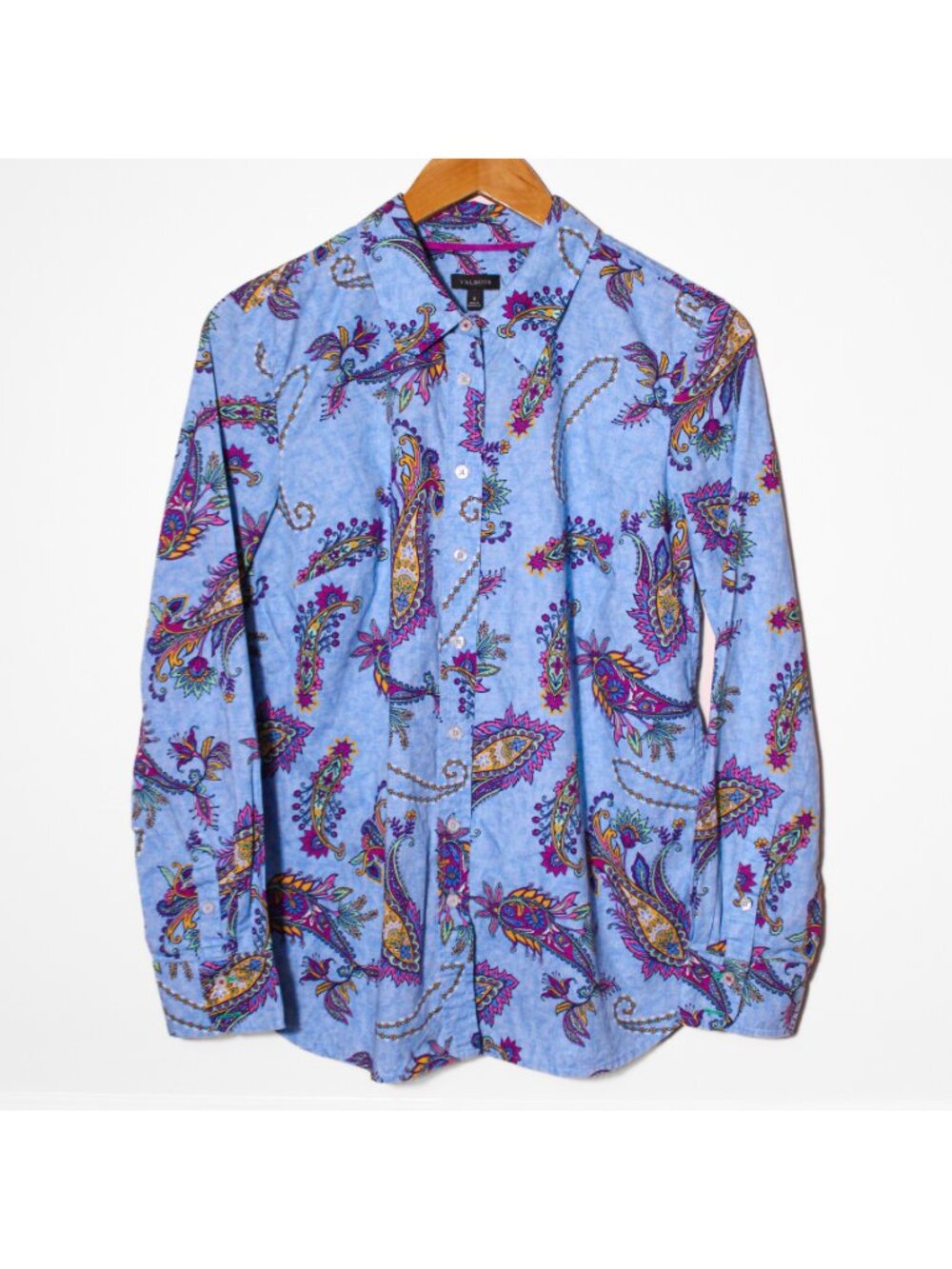 Talbots Blue Chambray Look Floral Paisley Button Up Shirt Artsy Eclectic Size S